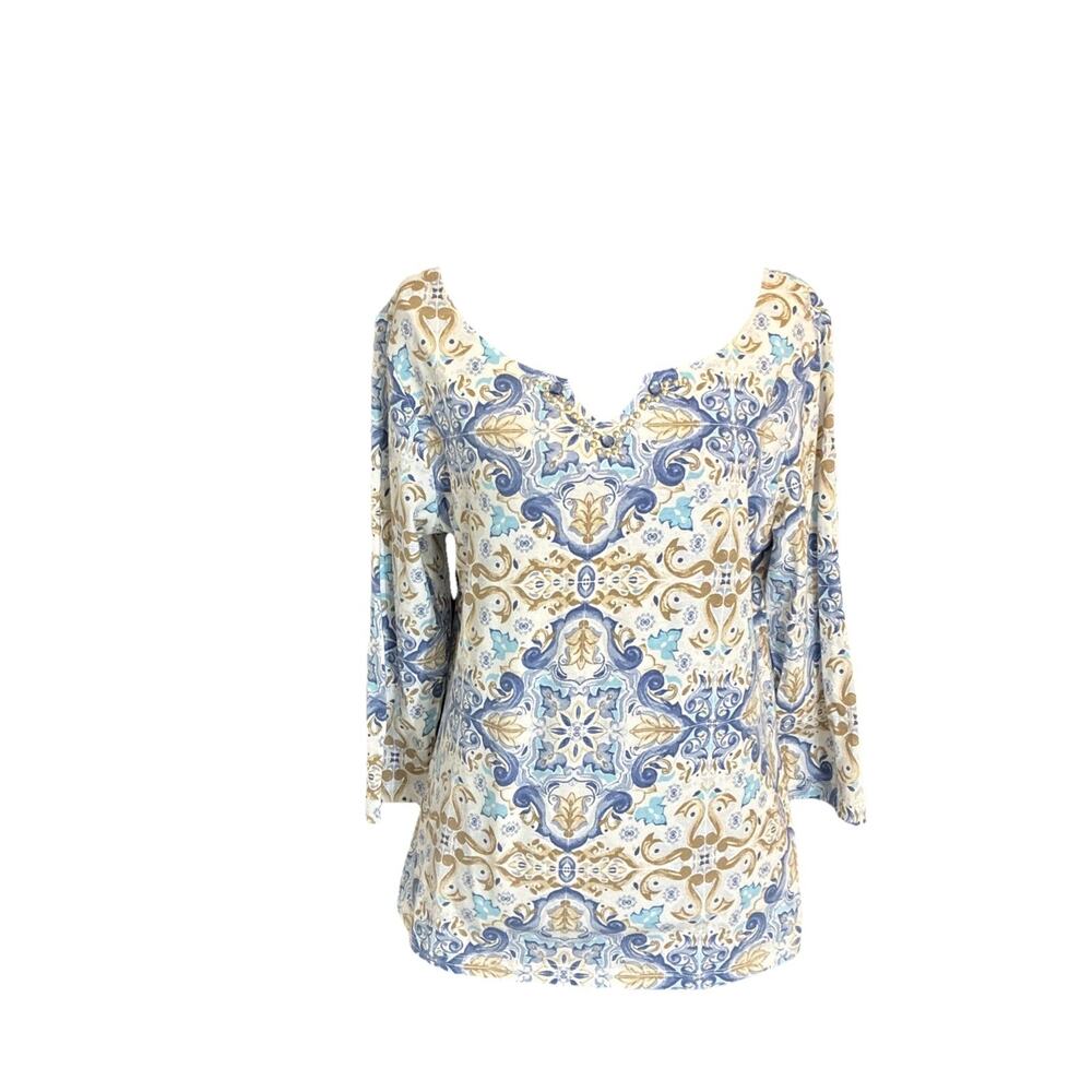 NWOT Ruby Road Favorites Women’s Size Medium Blue/Tan/ White Embellished Top